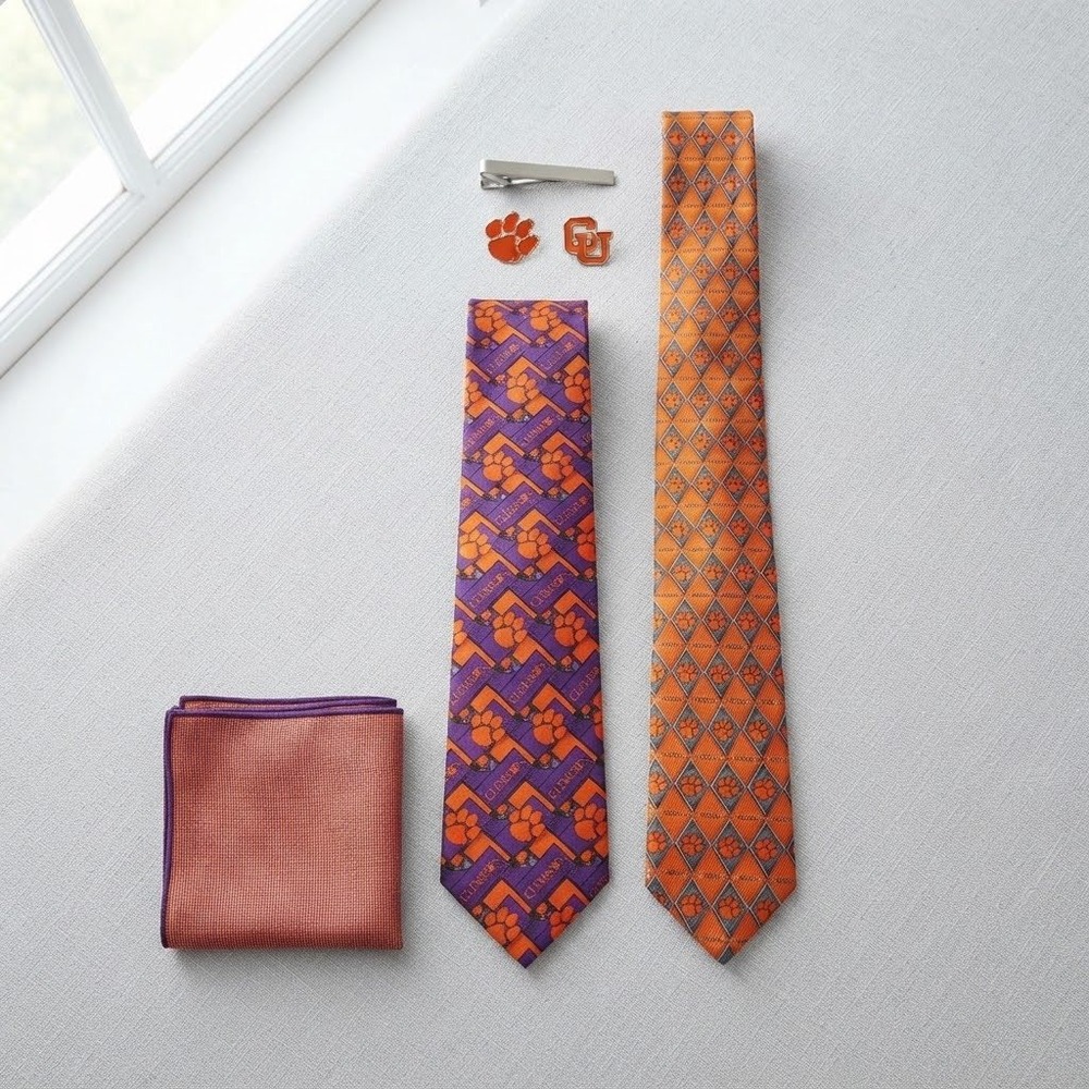 Clemson Tigers Necktie Set Mens OS Orange Purple Silk Gameday NCAA Fan Gear